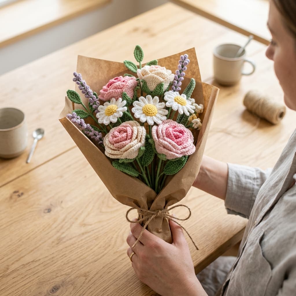 A bouquet of handmade crochet flowers