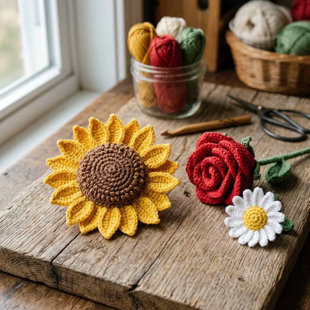 Crocheted flowers and yarn on a work table
